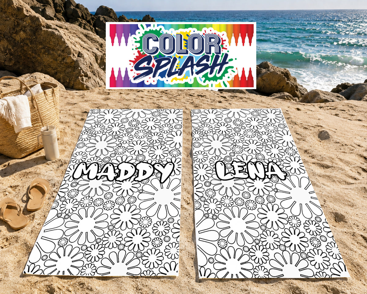 Personalized Color Your Own Beach Towel, Custom Name Daisy Design