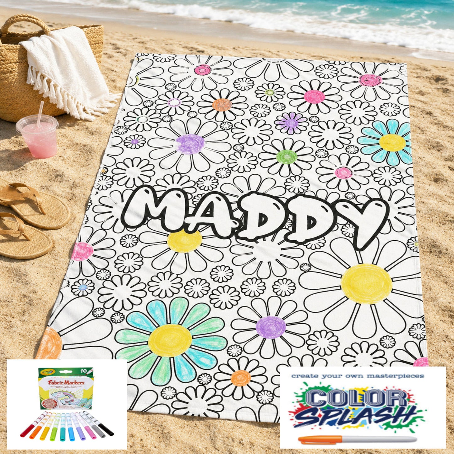 Personalized Color Your Own Beach Towel, Custom Name Daisy Design