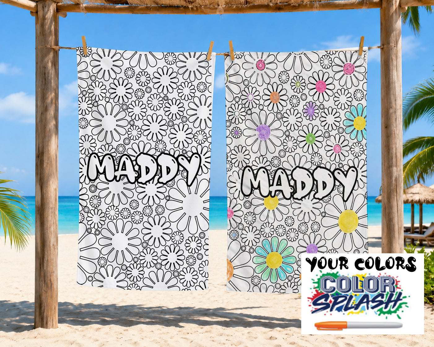 Personalized Color Your Own Beach Towel, Custom Name Daisy Design