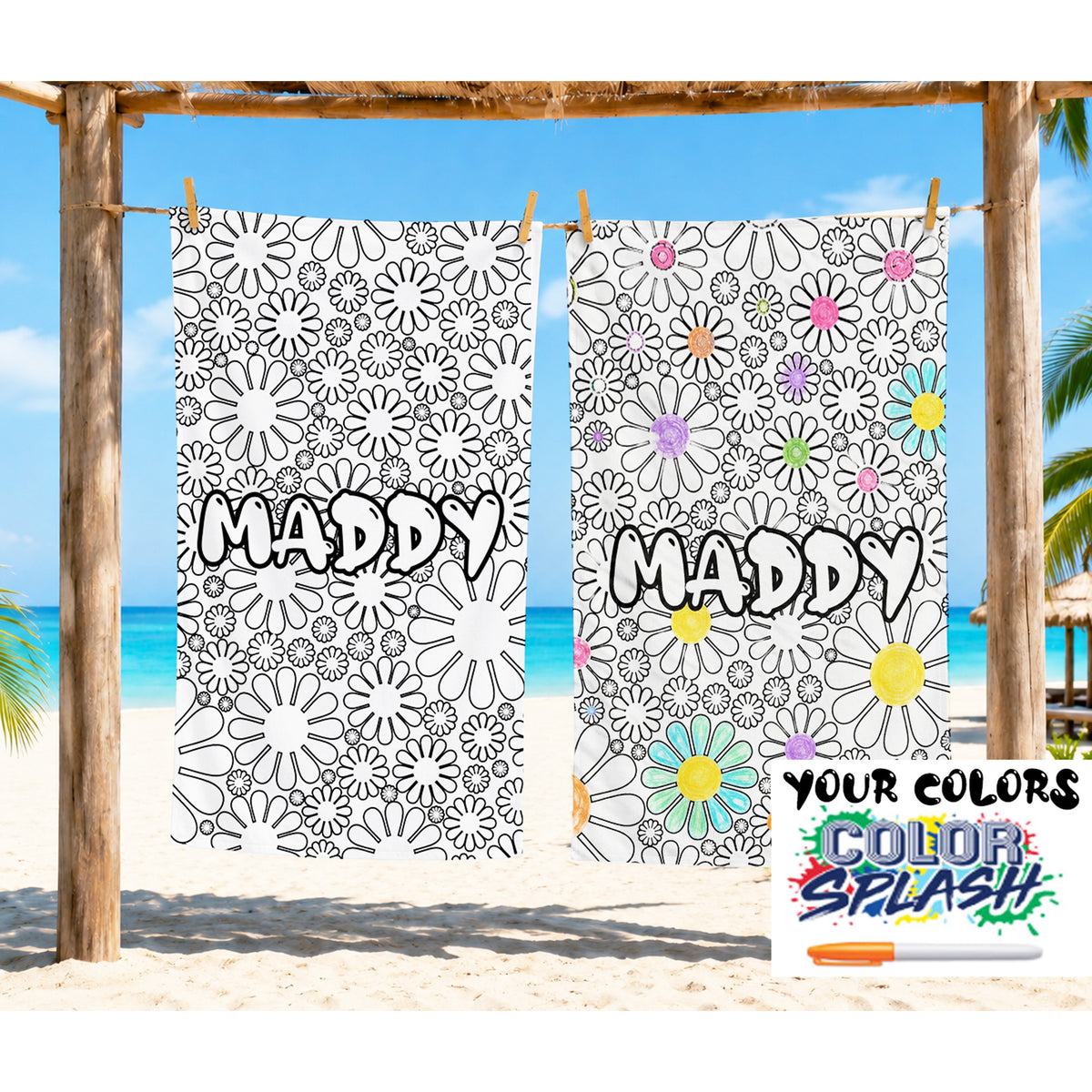 Personalized Color Your Own Beach Towel, Custom Name Daisy Design
