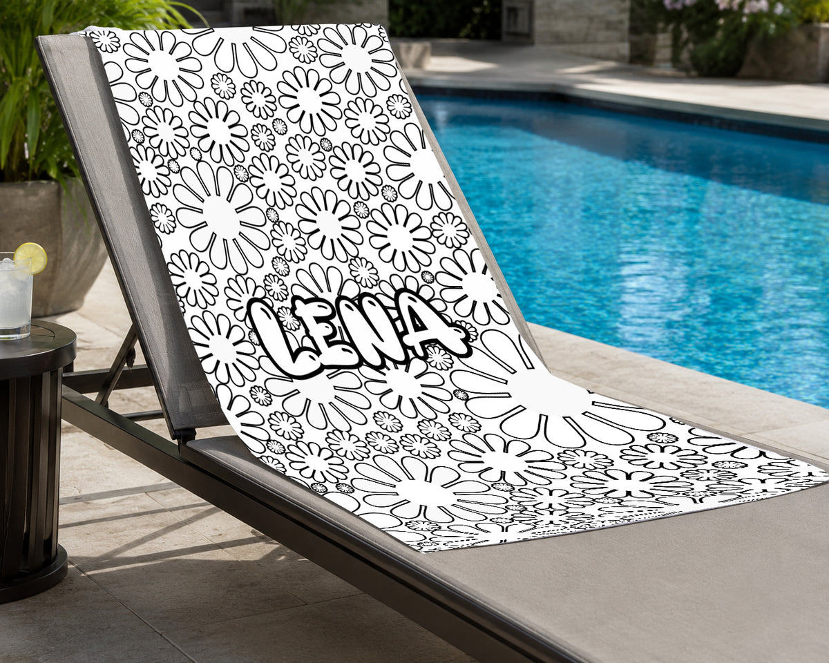 Personalized Color Your Own Beach Towel, Custom Name Daisy Design