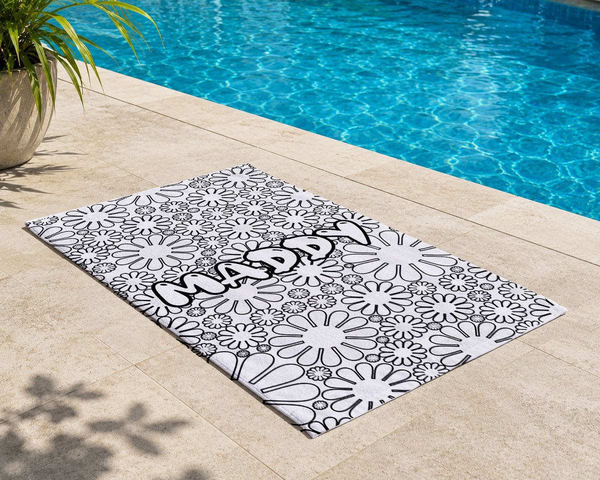 Personalized Color Your Own Beach Towel, Custom Name Daisy Design