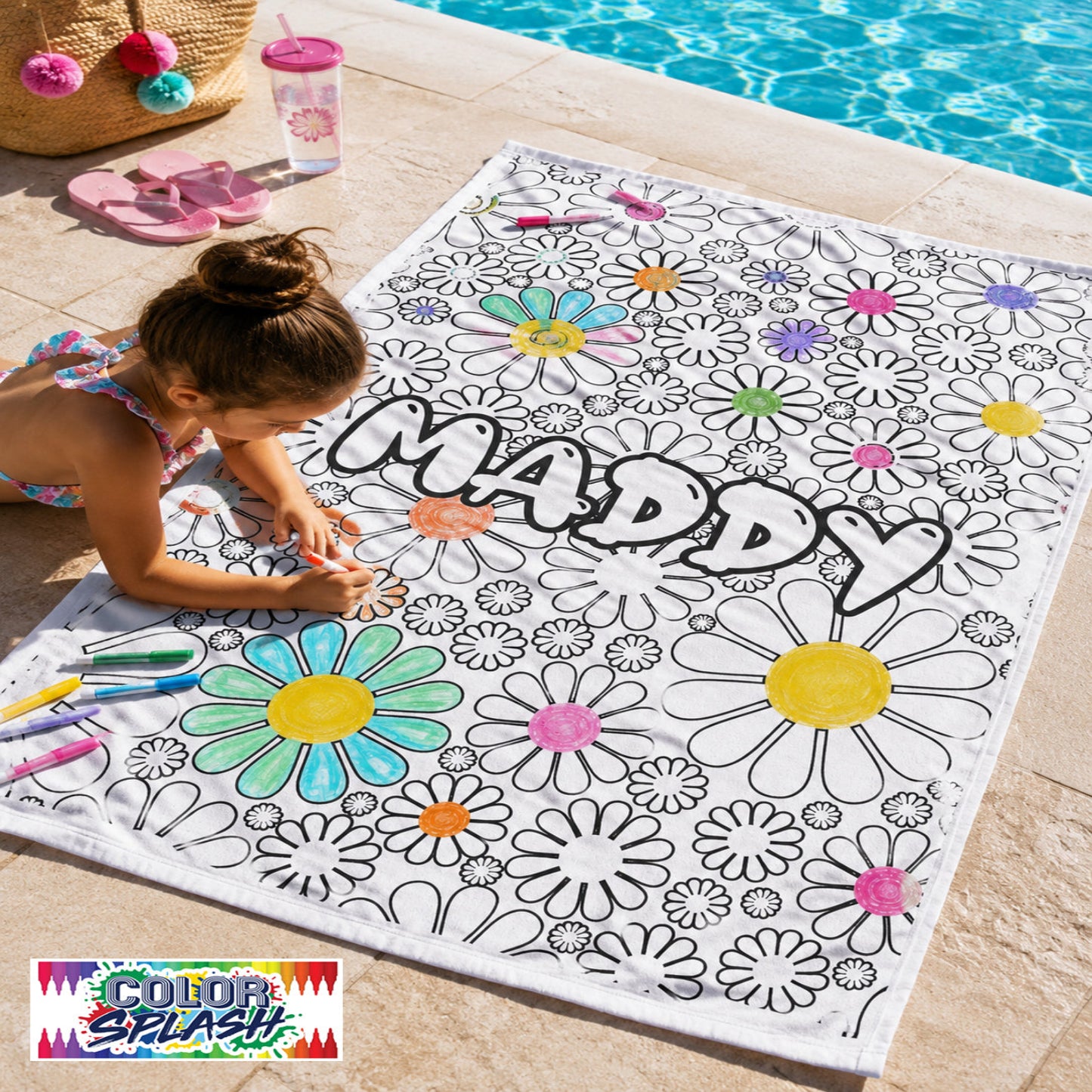 Personalized Color Your Own Beach Towel, Custom Name Daisy Design