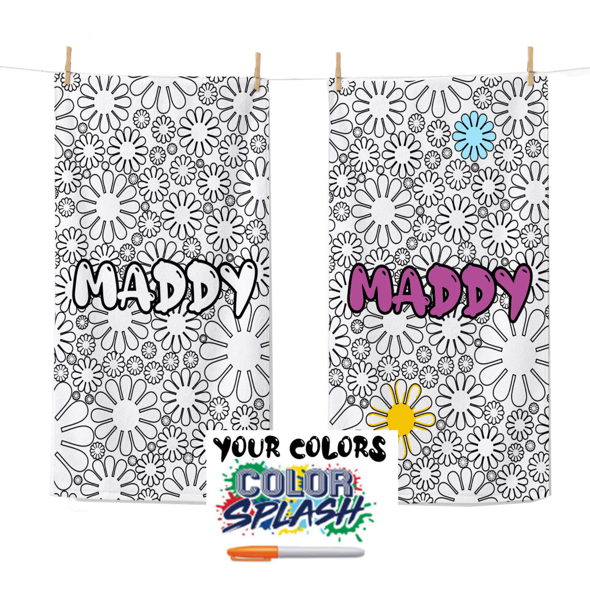 Personalized Color Your Own Beach Towel, Custom Name Daisy Design