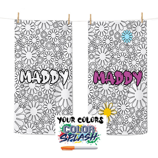 Personalized Color Your Own Beach Towel, Custom Name Daisy Design