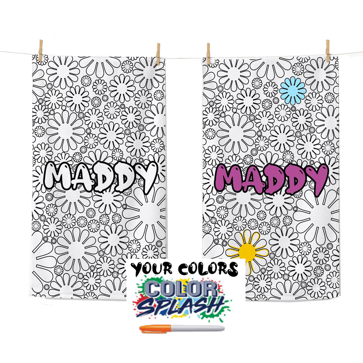 Two personalized kitchen towels with a black and white floral daisy pattern hang from wooden clothespins on a white line. One towel has the name 'MADDY' in black outline text, and the other has it in purple outline text.
