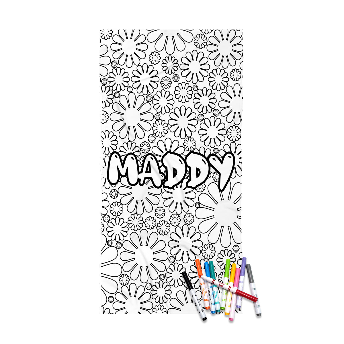 A black and white floral coloring page featuring the name 'MADDY' in bold outlined letters, shown with several colored markers at the bottom on a white background.