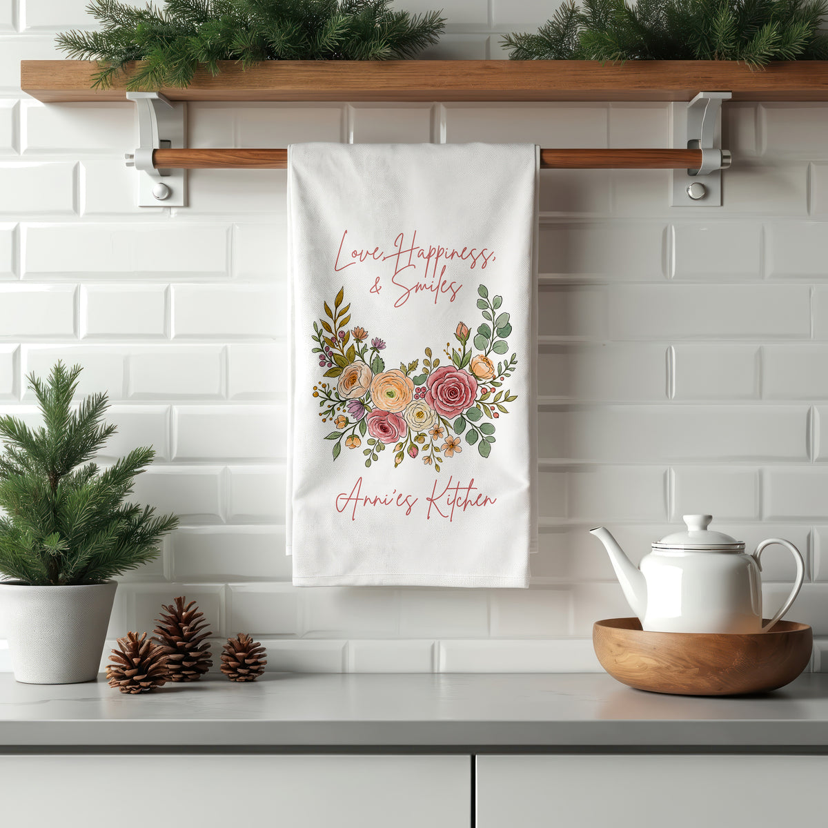 Personalized Kitchen Towel with Floral Wreath and Custom Name