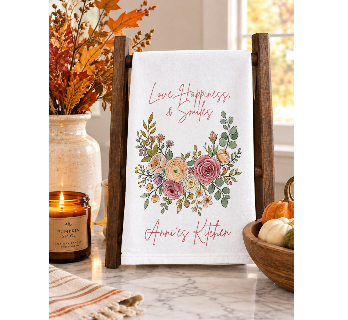 Personalized Kitchen Towel with Floral Wreath and Custom Name