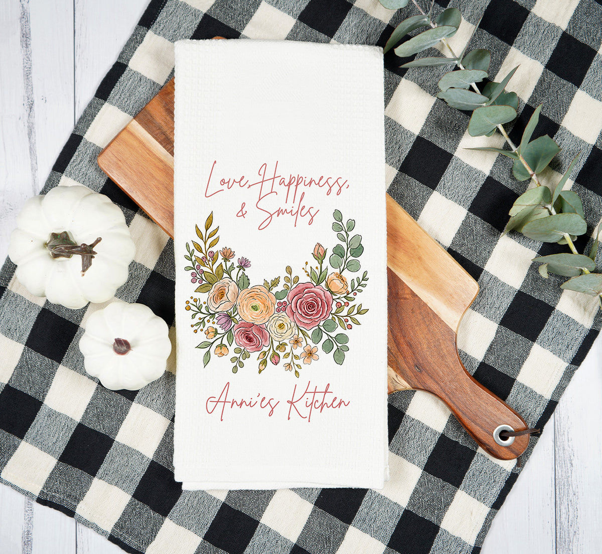 Personalized Kitchen Towel with Floral Wreath and Custom Name