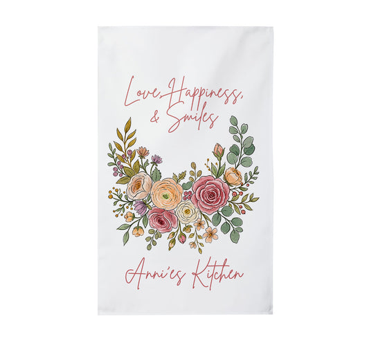 Personalized Kitchen Towel with Floral Wreath and Custom Name