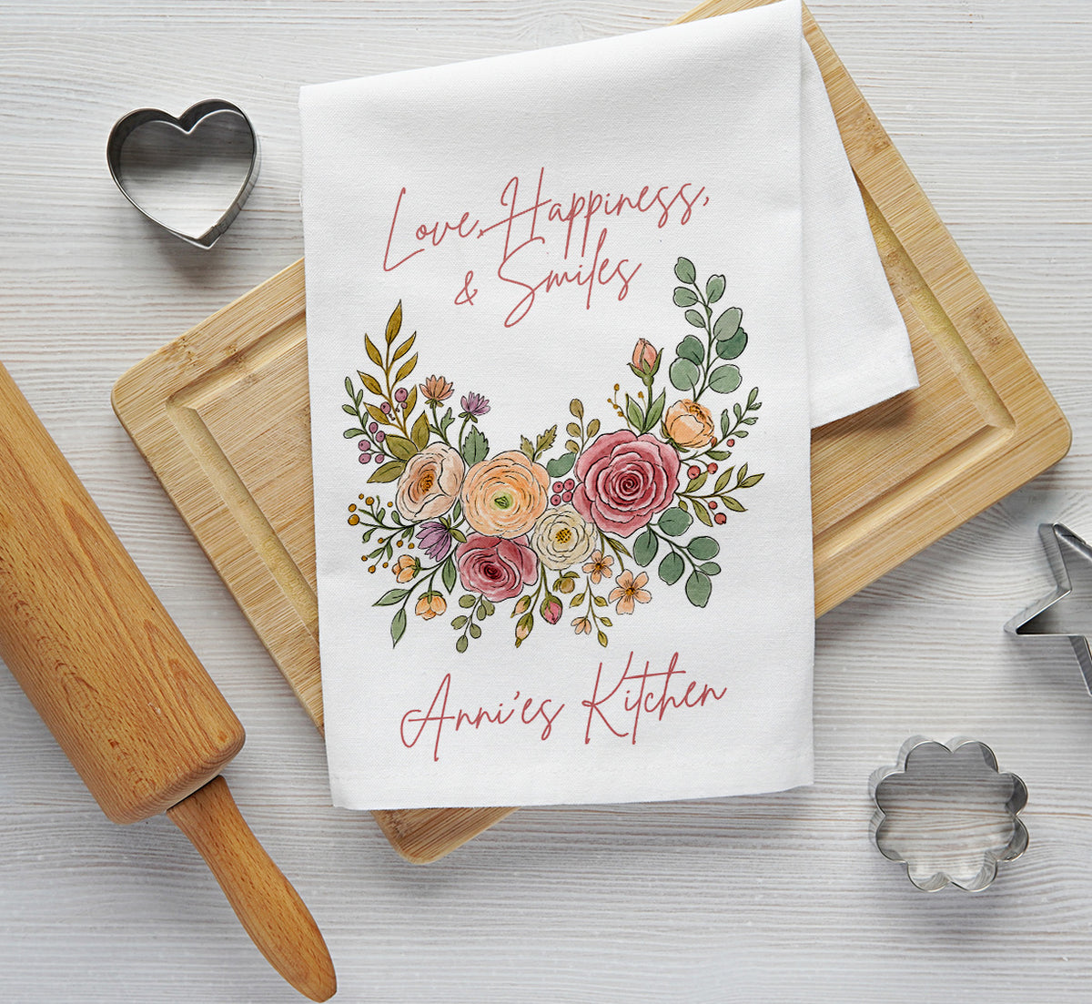 Personalized Kitchen Towel with Floral Wreath and Custom Name