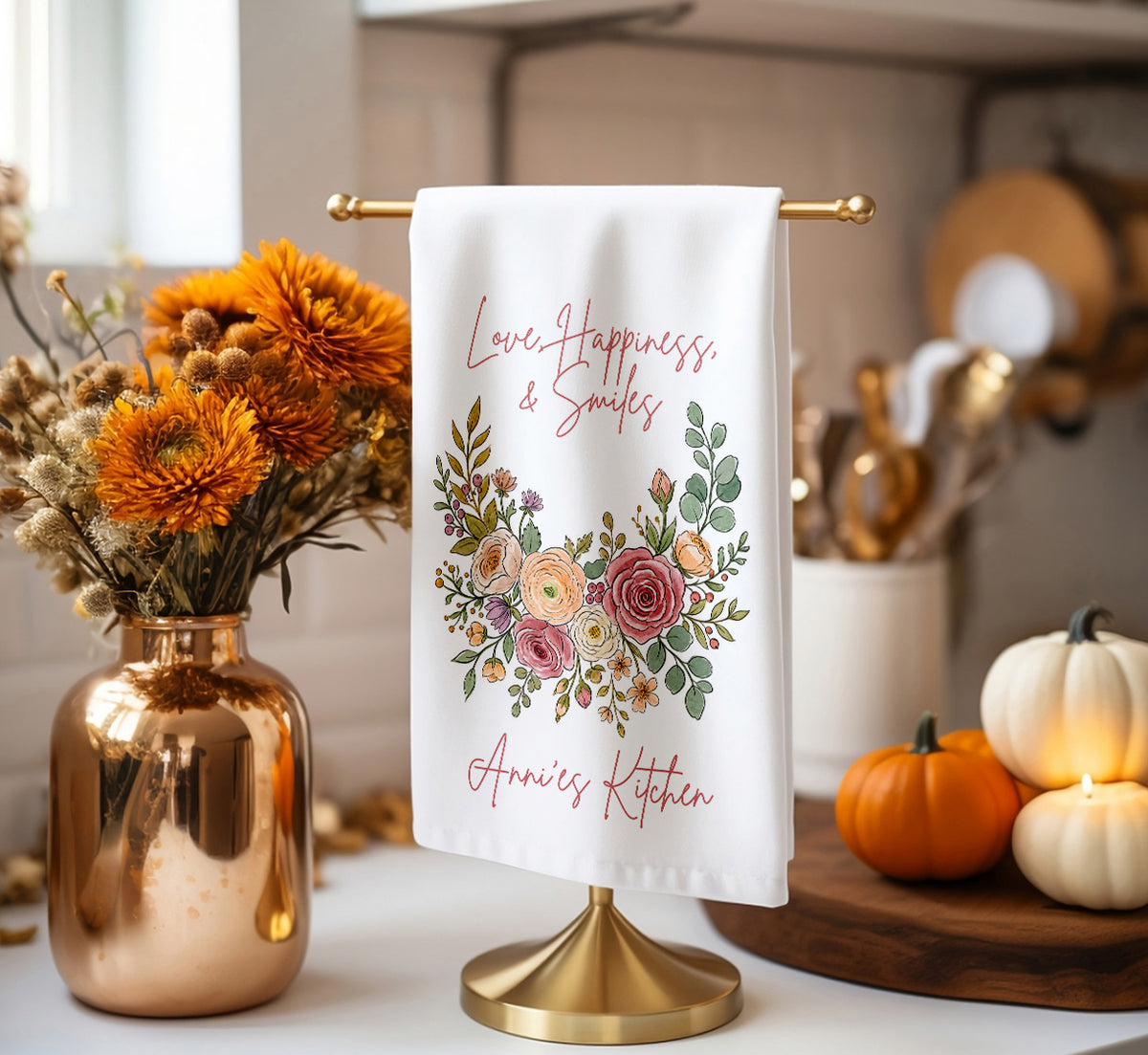 Personalized Kitchen Towel with Floral Wreath and Custom Name