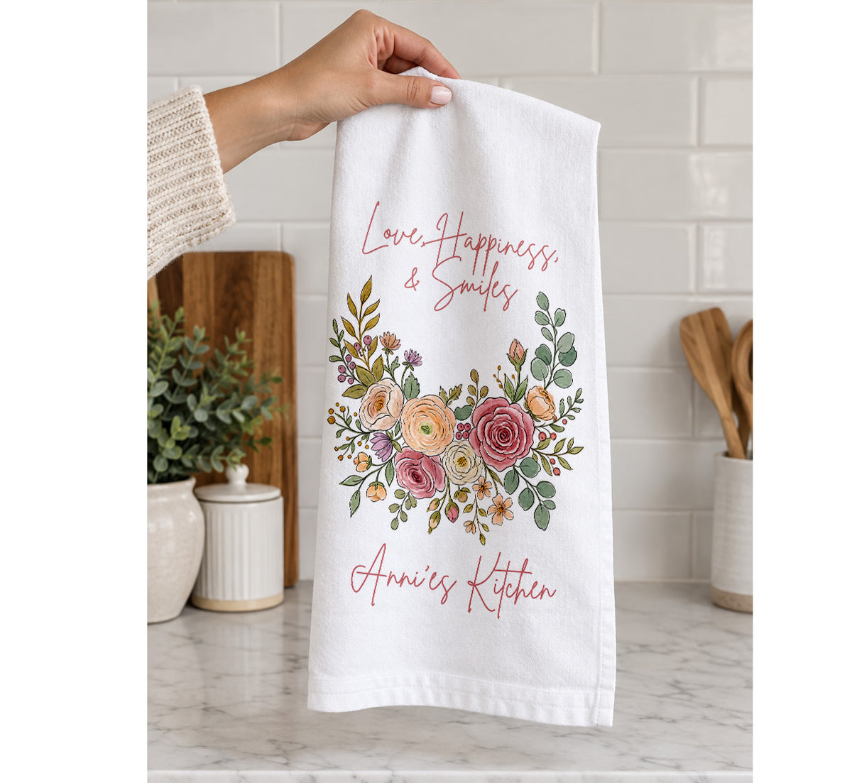 Personalized Kitchen Towel with Floral Wreath and Custom Name