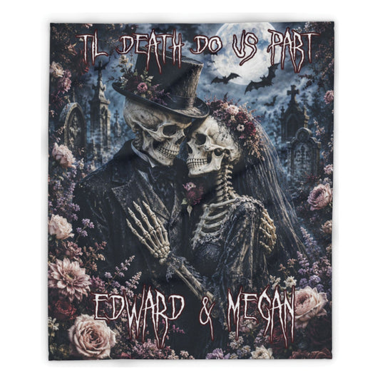 A square gothic-themed print or poster featuring two embracing skeletons dressed as a bride and groom, surrounded by flowers, with the text 'TIL DEATH DO US PART' at the top and 'EDWARD & MEGAN' at the bottom.