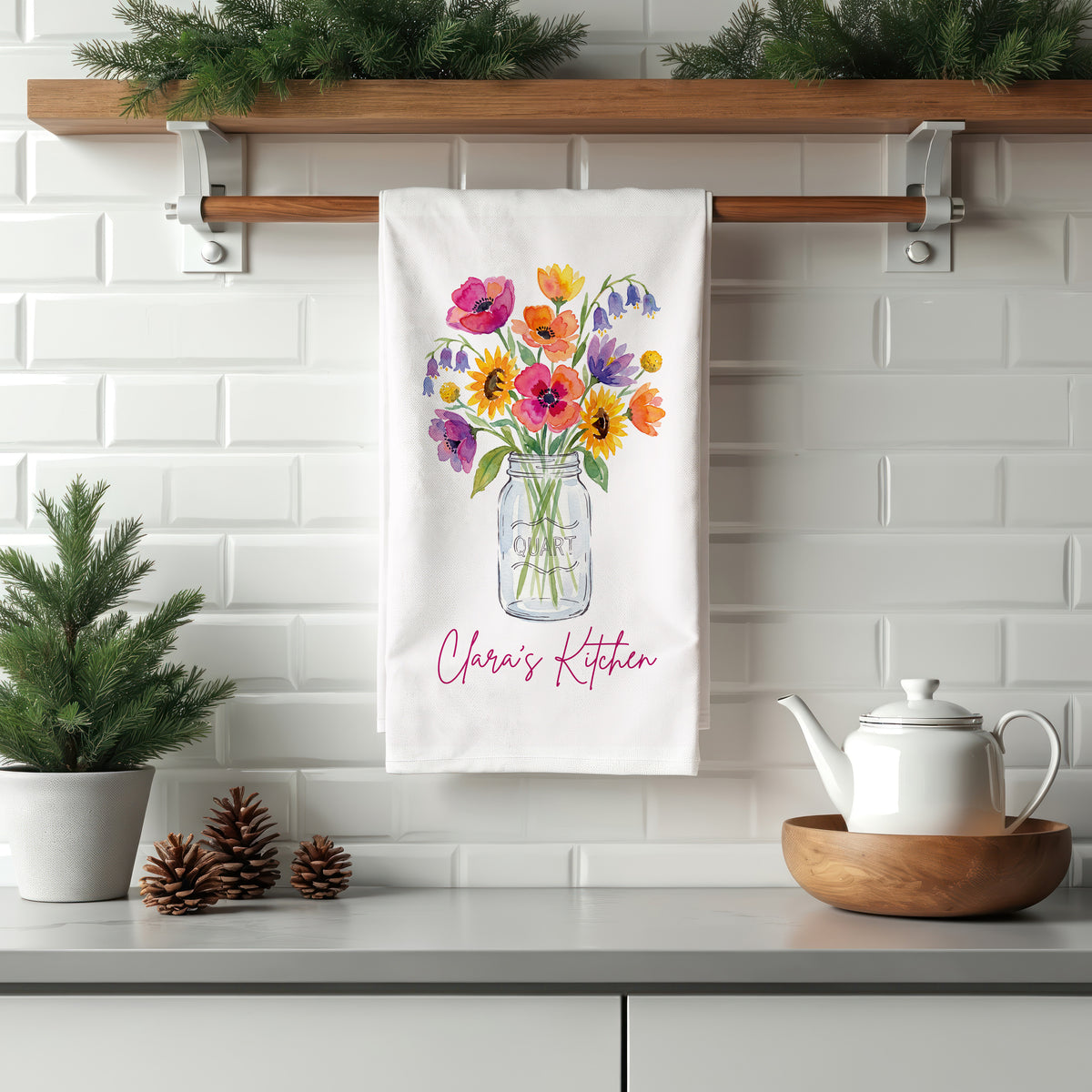 Personalized Kitchen Tea Towel | Custom Name Wildflower Mason Jar Towel