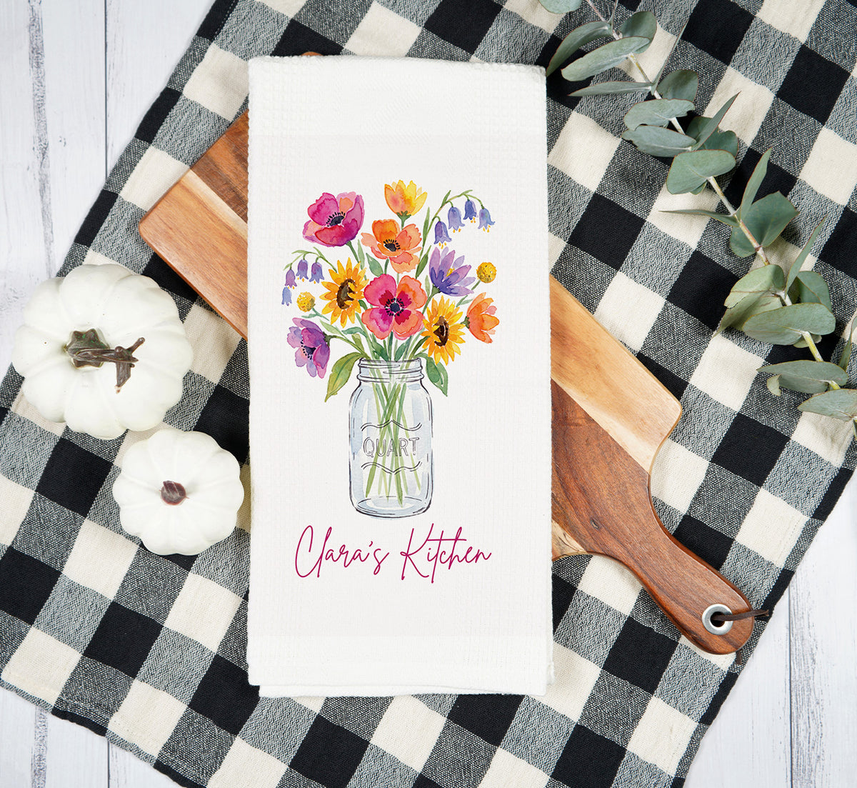 Personalized Kitchen Tea Towel | Custom Name Wildflower Mason Jar Towel