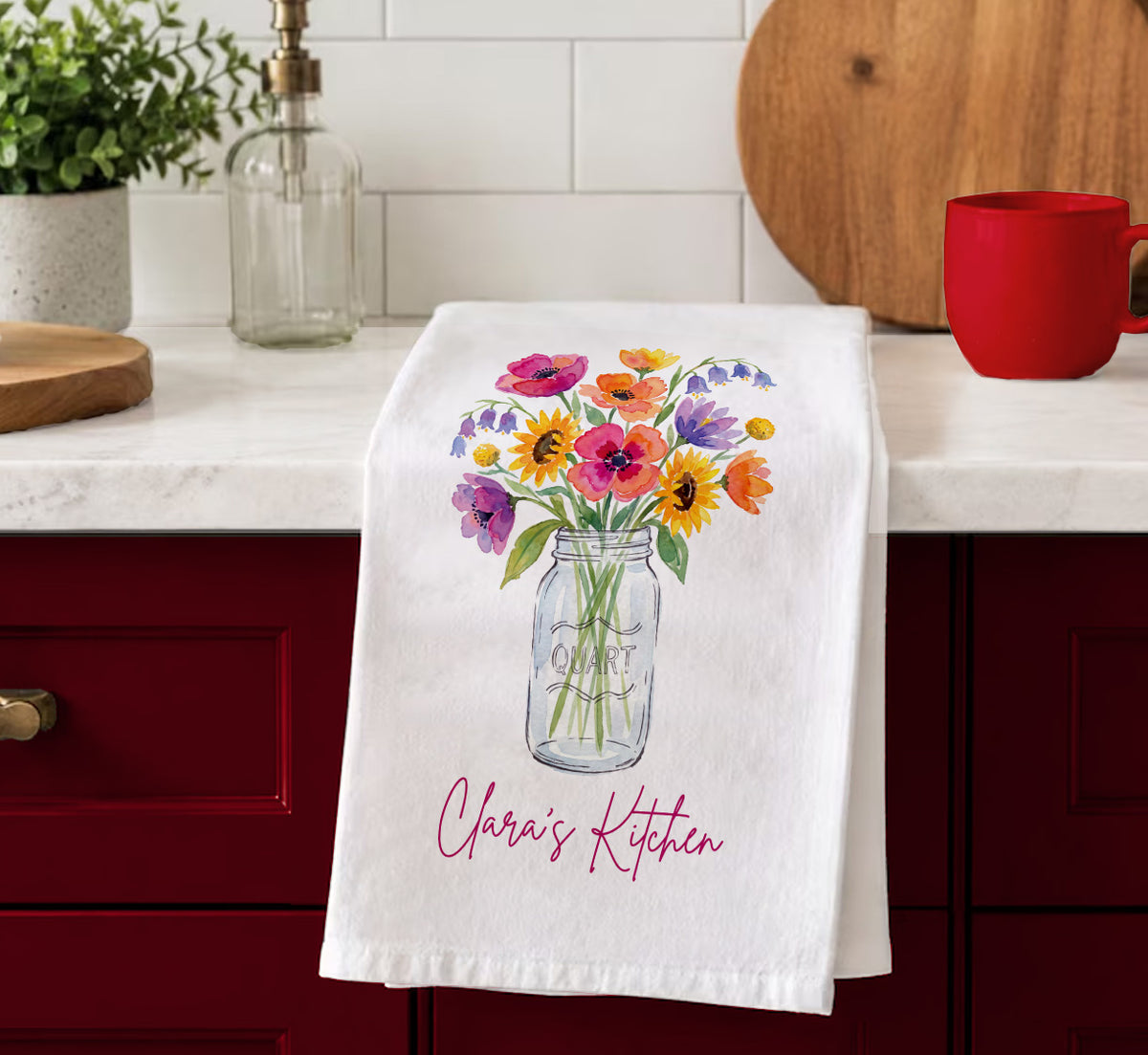 Personalized Kitchen Tea Towel | Custom Name Wildflower Mason Jar Towel