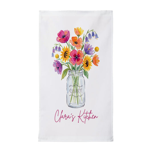 Personalized Kitchen Tea Towel | Custom Name Wildflower Mason Jar Towel