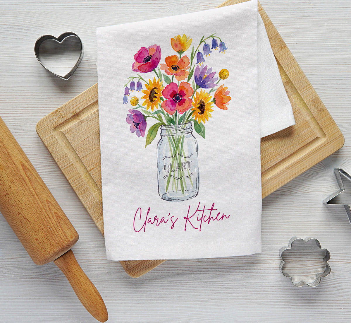 Personalized Kitchen Tea Towel | Custom Name Wildflower Mason Jar Towel