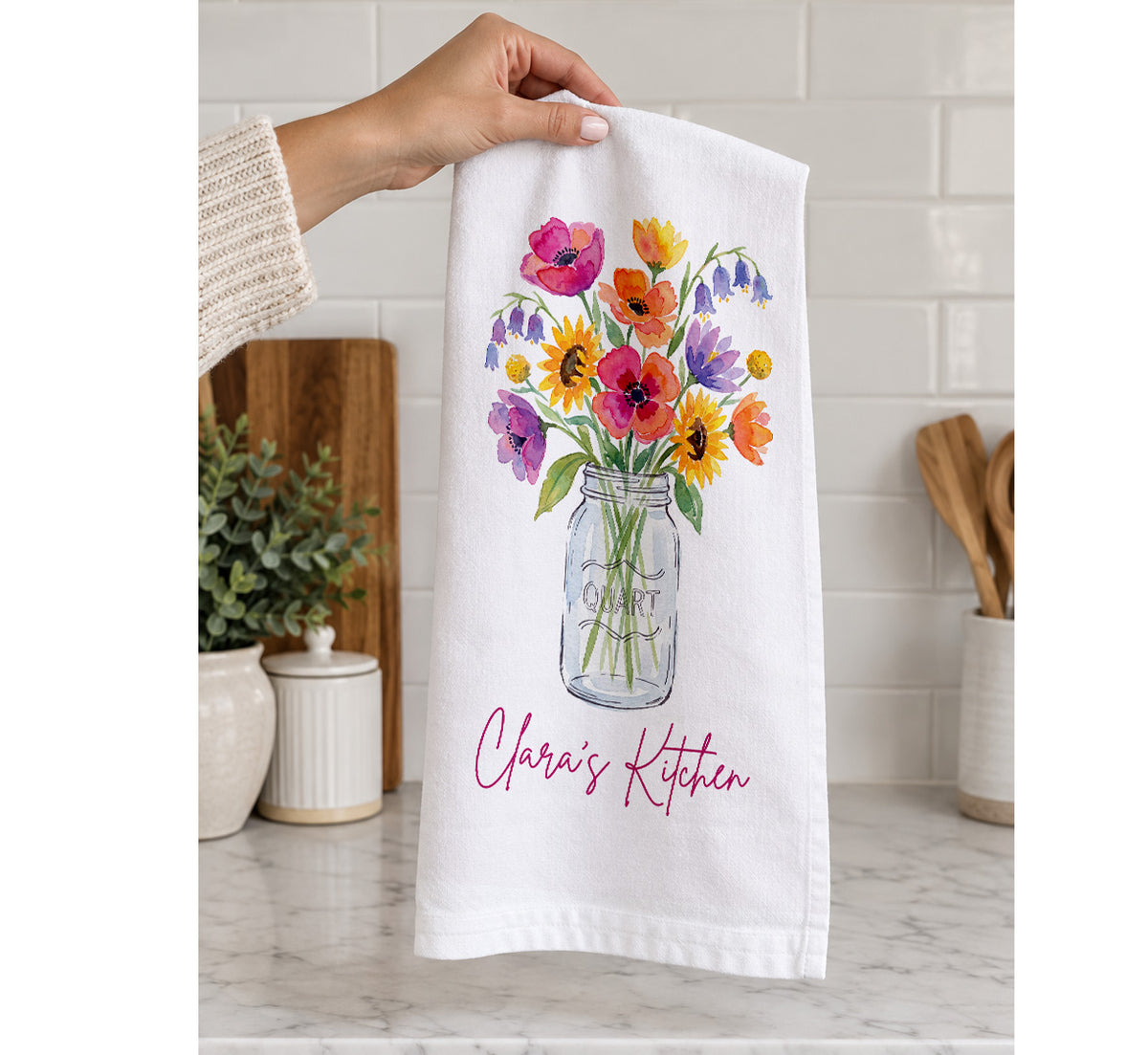Personalized Kitchen Tea Towel | Custom Name Wildflower Mason Jar Towel