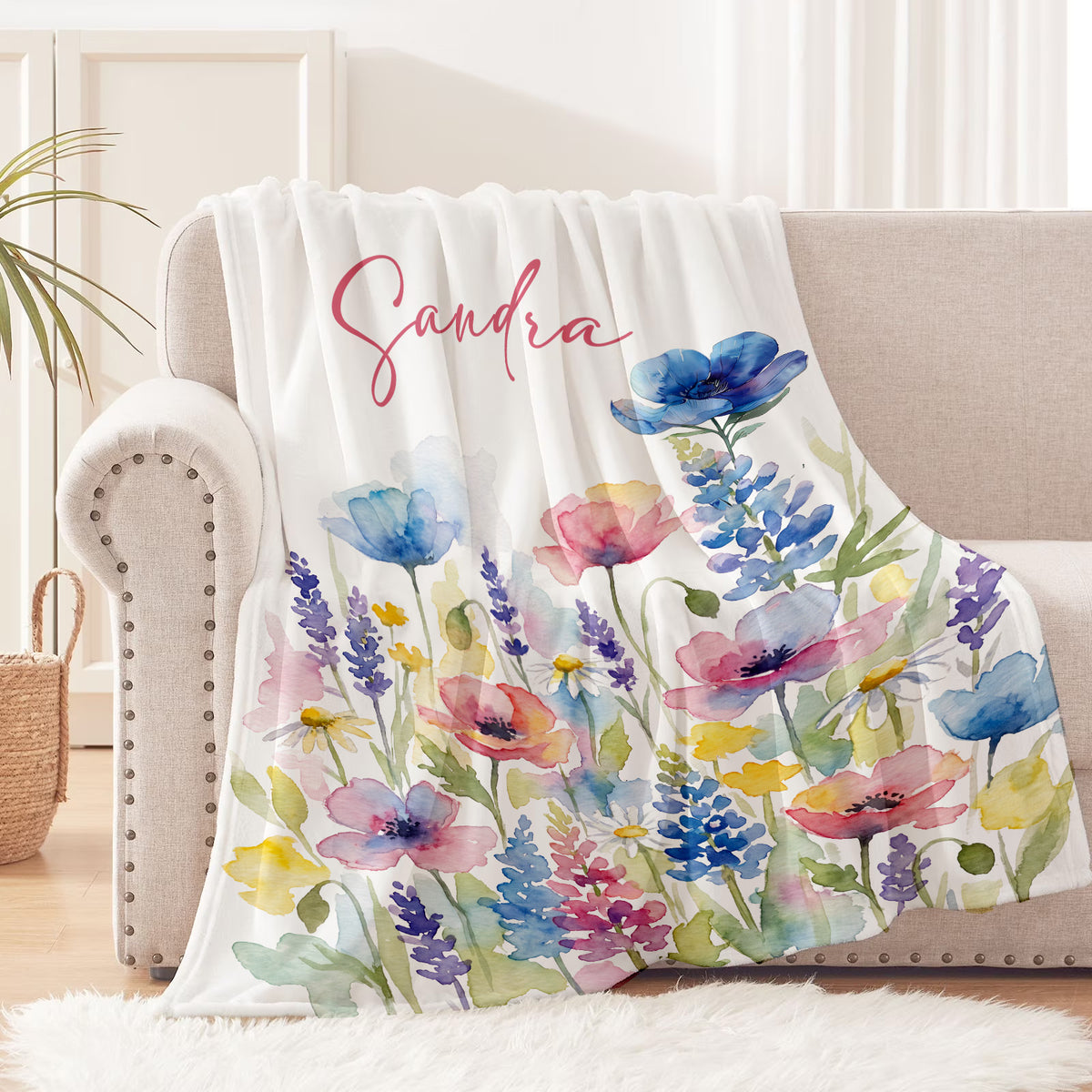 Personalized Wildflower Name Blanket, Custom Watercolor Floral Throw
