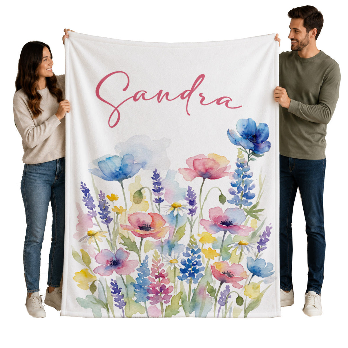 Personalized Wildflower Name Blanket, Custom Watercolor Floral Throw