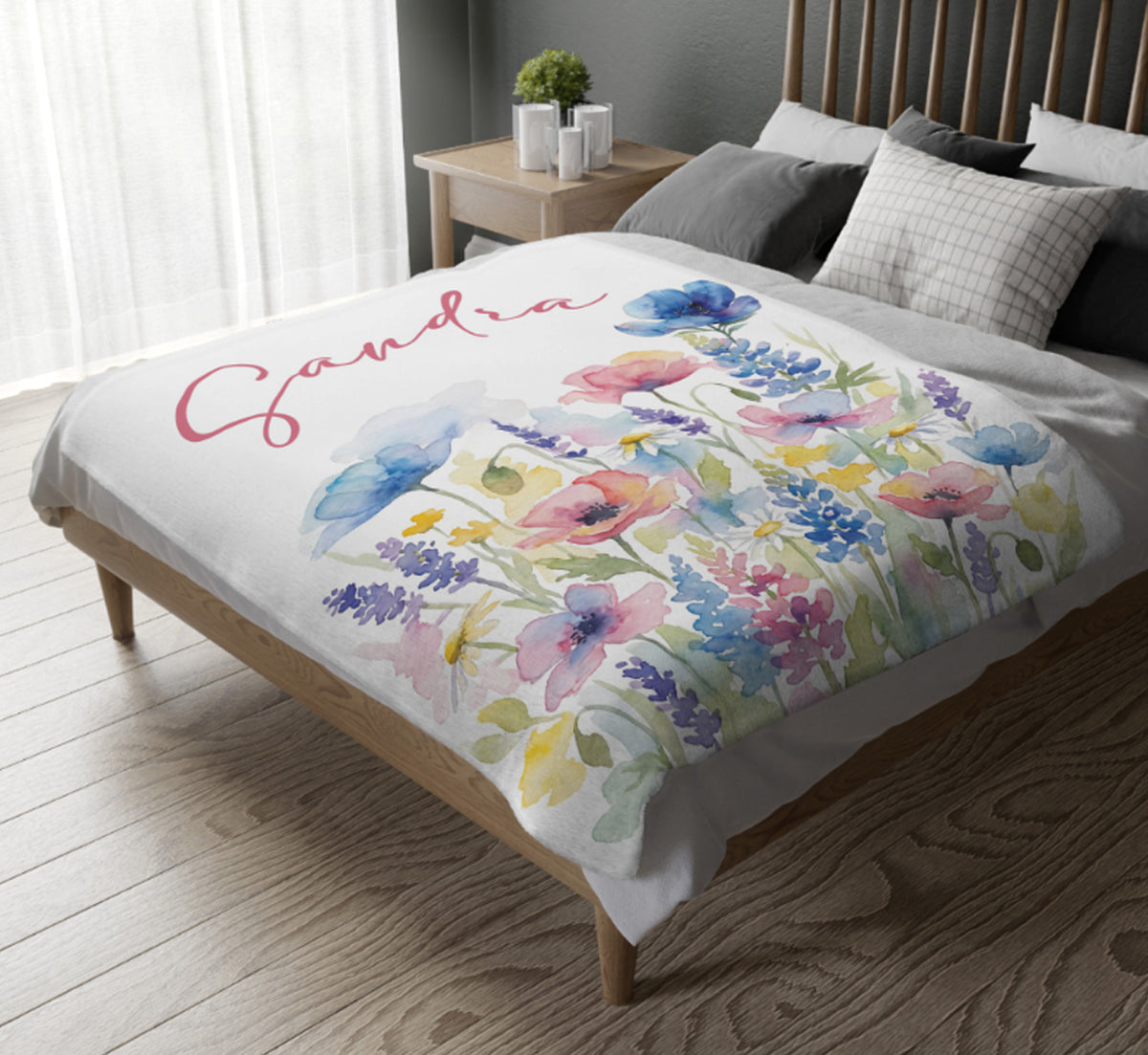 Personalized Wildflower Name Blanket, Custom Watercolor Floral Throw