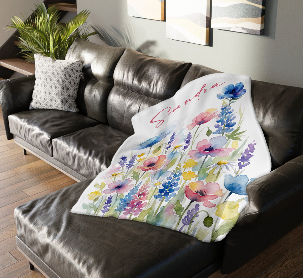 Personalized Wildflower Name Blanket, Custom Watercolor Floral Throw