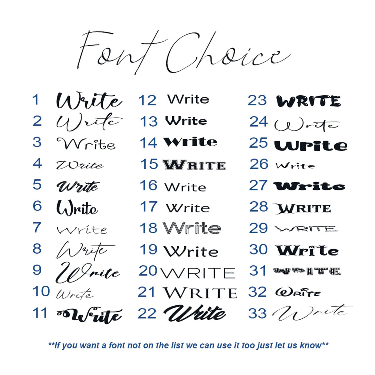 A size reference chart titled 'Font Choice' showing 33 different font styles and weights for the word 'Write' in blue, gray, and black, with a note at the bottom explaining how to use the chart.