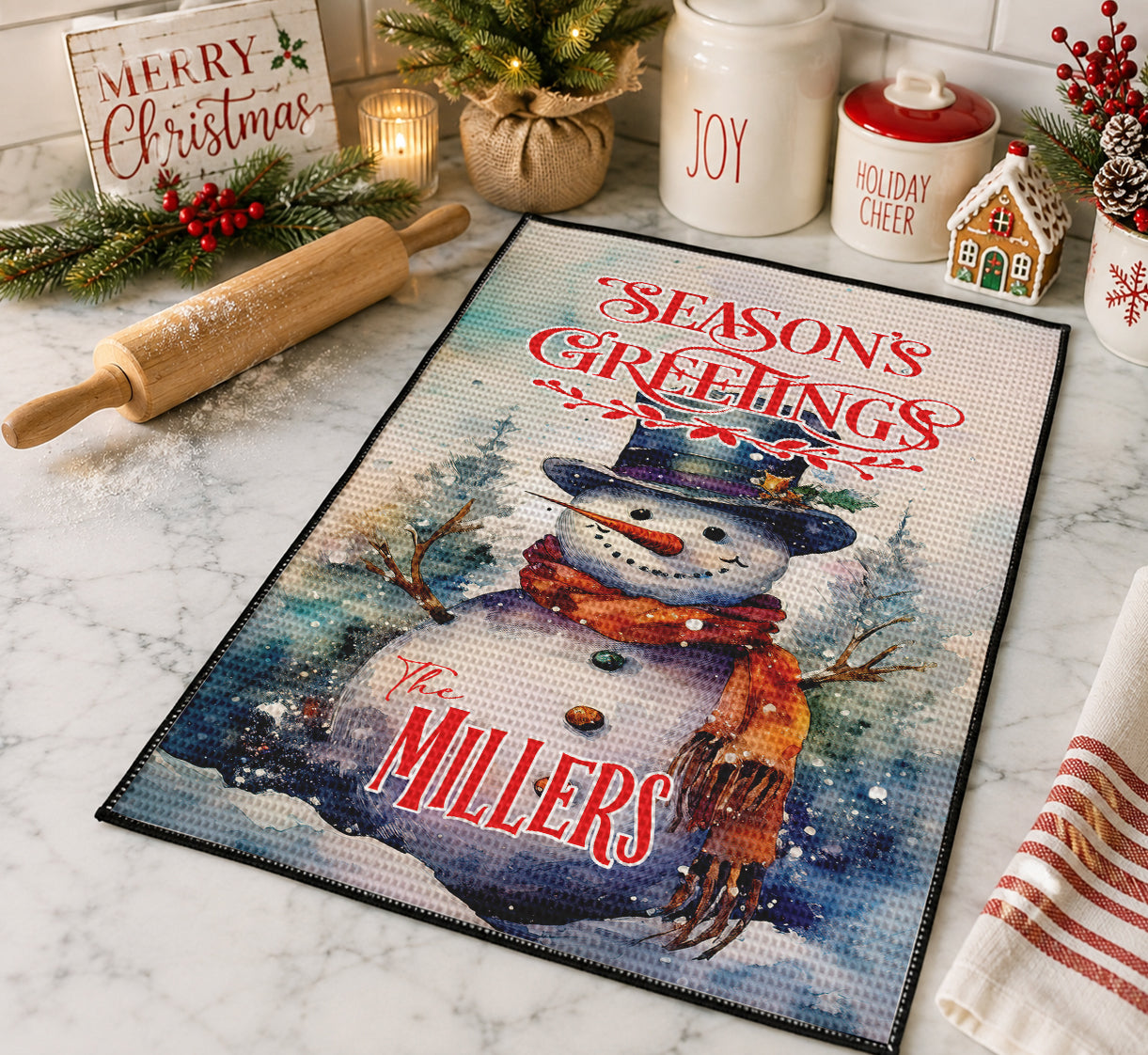 Personalized Vintage Snowman Seasons Greetings Kitchen Towel