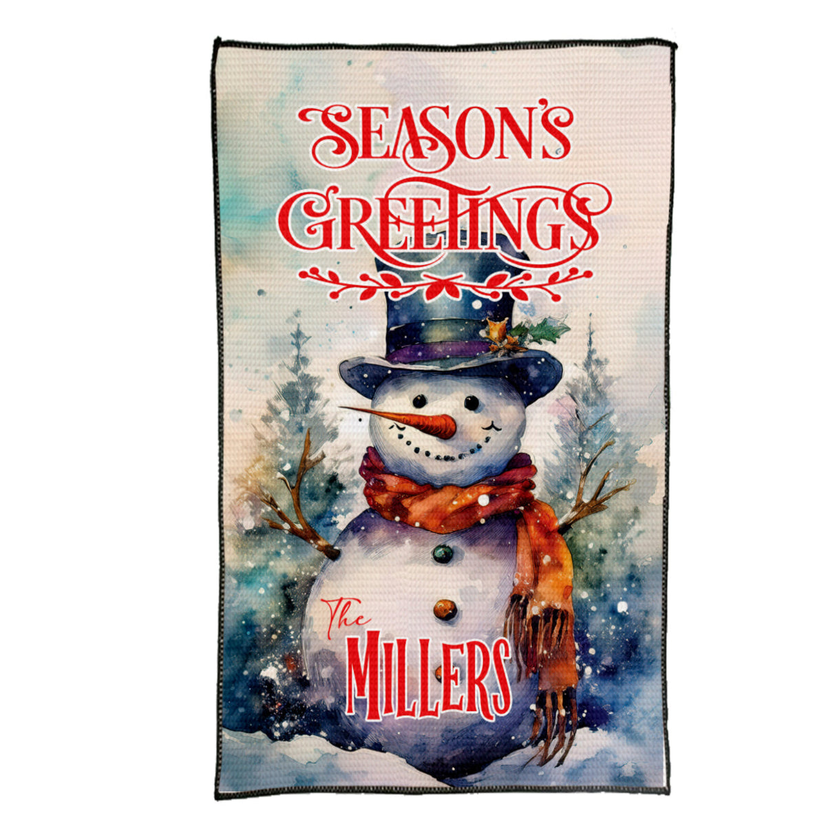 Personalized Vintage Snowman Seasons Greetings Kitchen Towel