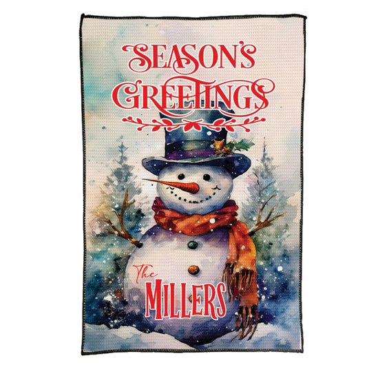Personalized Vintage Snowman Seasons Greetings Waffle Weave Kitchen Towel