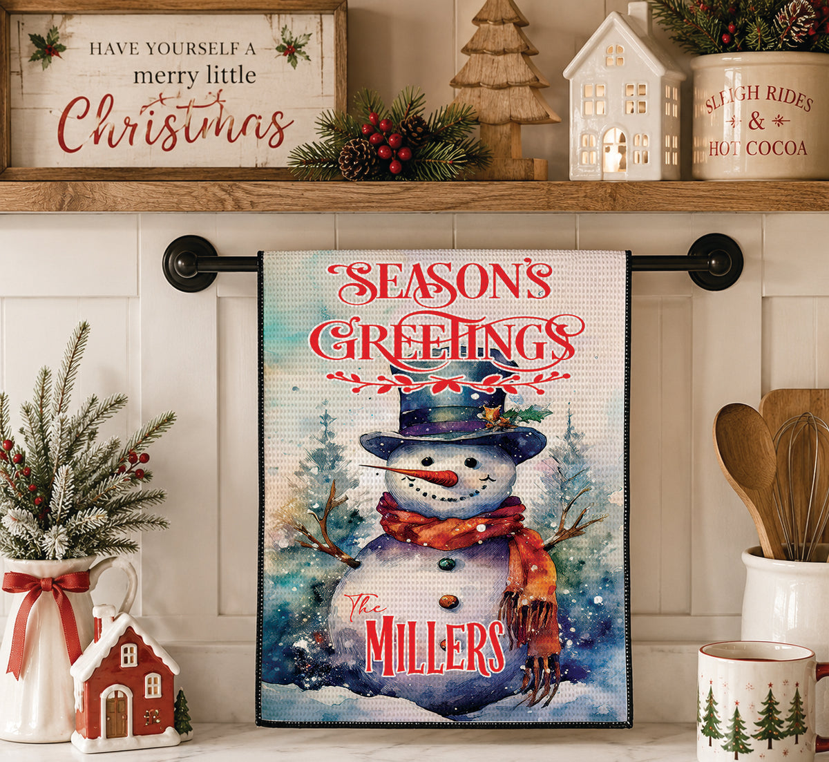 Personalized Vintage Snowman Seasons Greetings Kitchen Towel