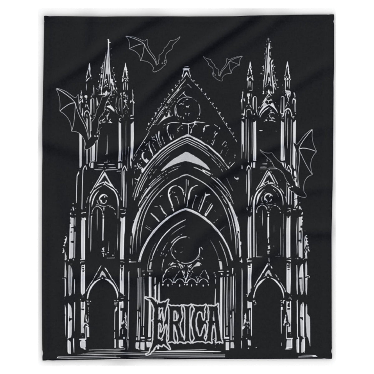 A square black fabric item, likely a bandana or small scarf, featuring a white line-art graphic of a gothic cathedral with bats and the word 'DERICA' on the front.