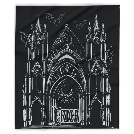 A square black fabric item, likely a bandana or small scarf, featuring a white line-art graphic of a gothic cathedral with bats and the word 'DERICA' on the front.