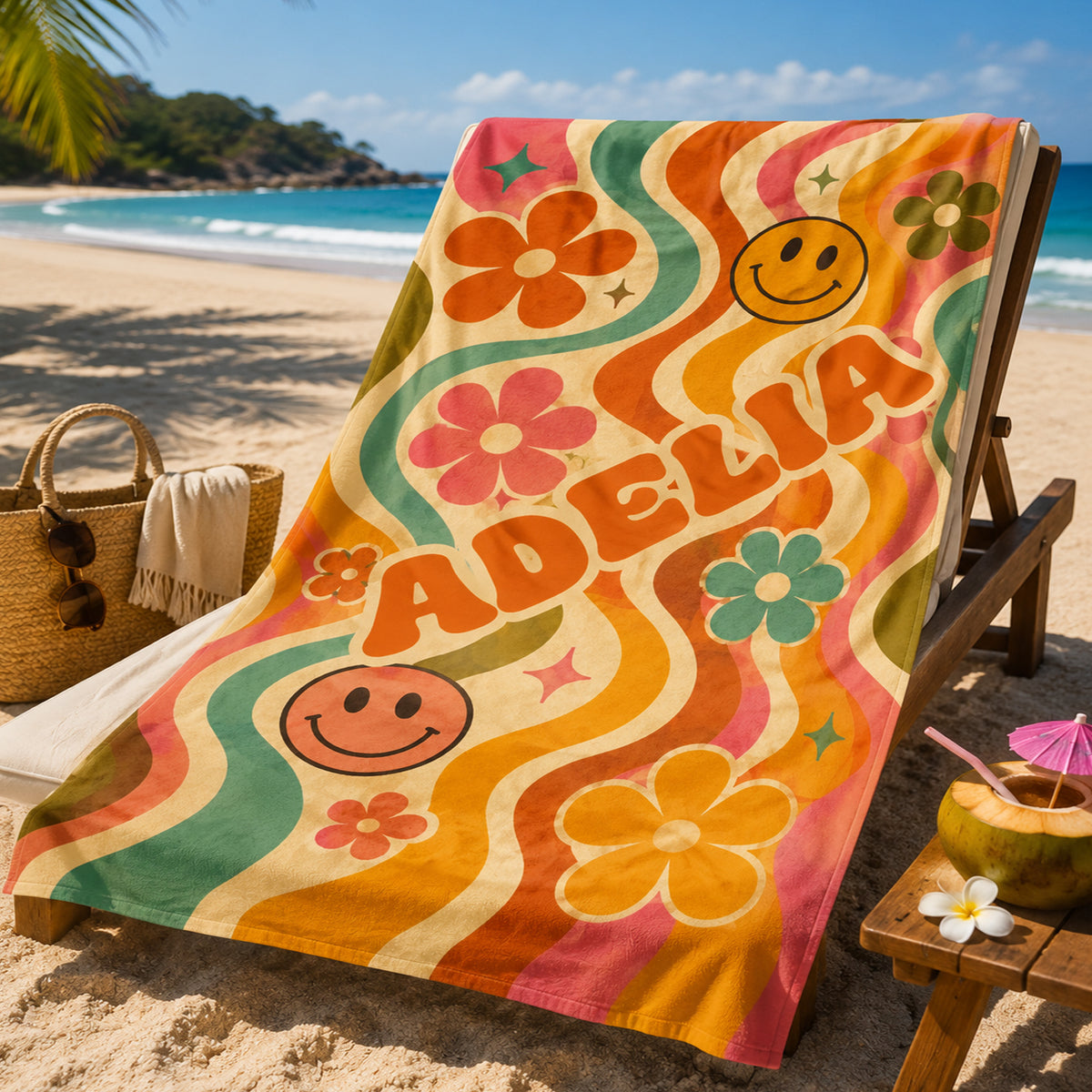 Personalized Groovy Smiley Face Beach Towel | Custom Name Retro Design