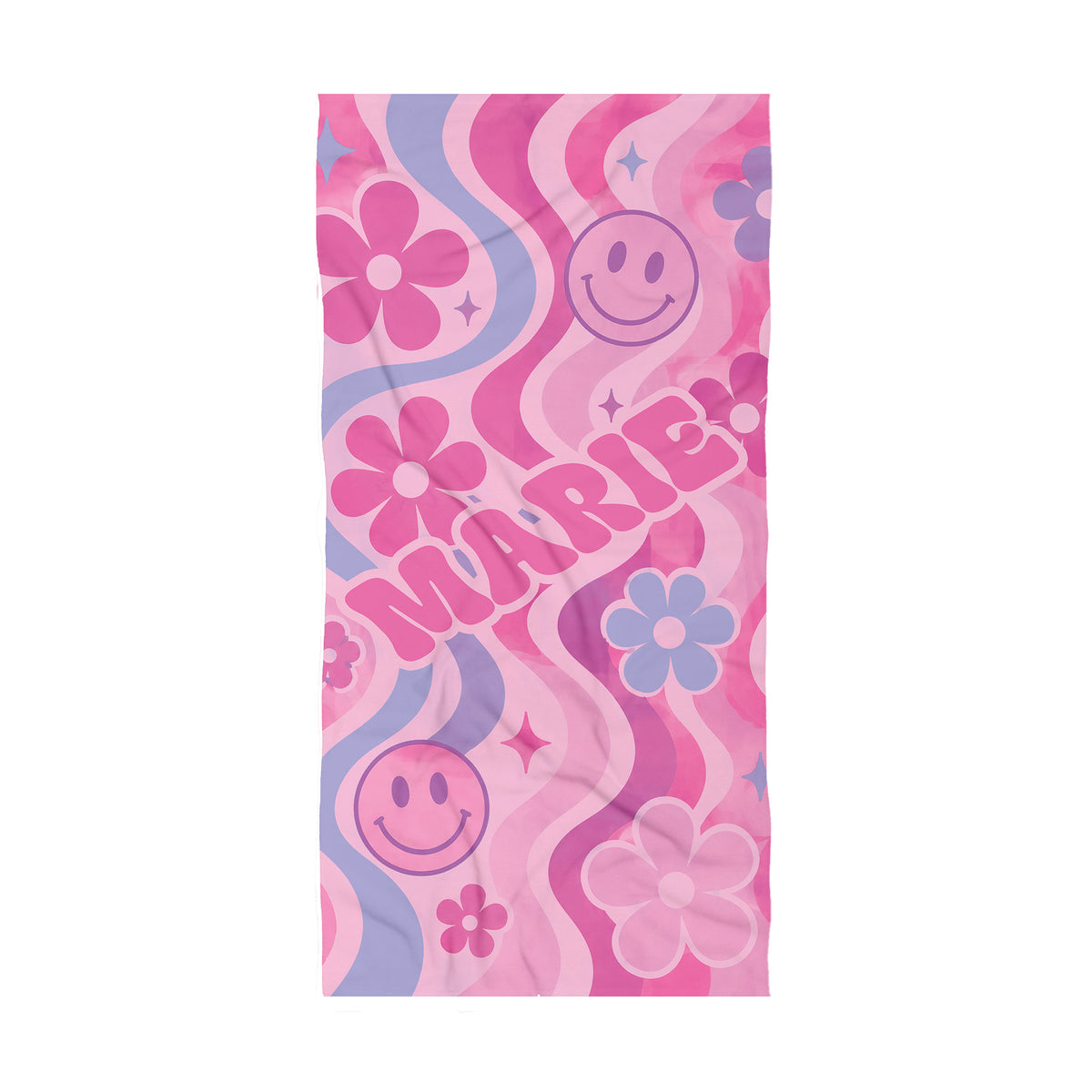 Colorful PInk beach towel with pink smily faces, pink and blue flowers on light pink background