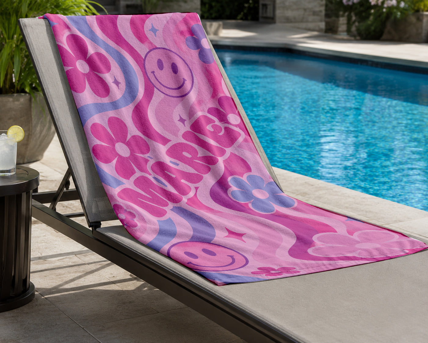 Personalized Groovy Smiley Face Beach Towel | Custom Name Retro Design