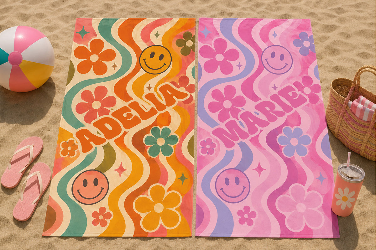 Personalized Groovy Smiley Face Beach Towel | Custom Name Retro Design
