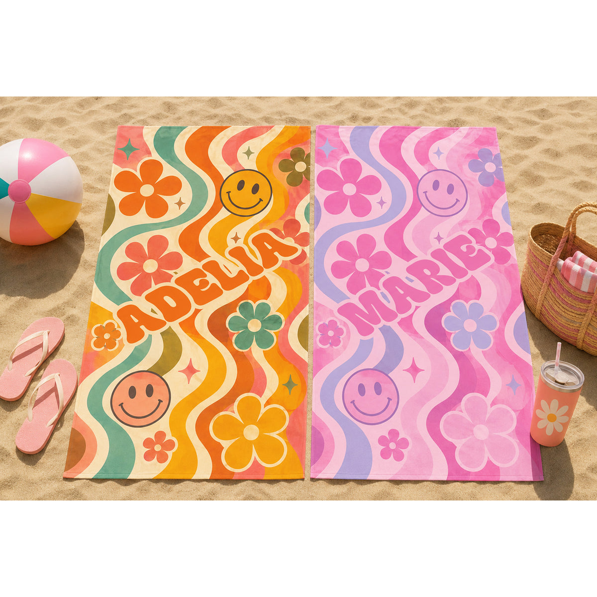 Personalized Groovy Smiley Face Beach Towel, Psychedelic Wavy Custom Name