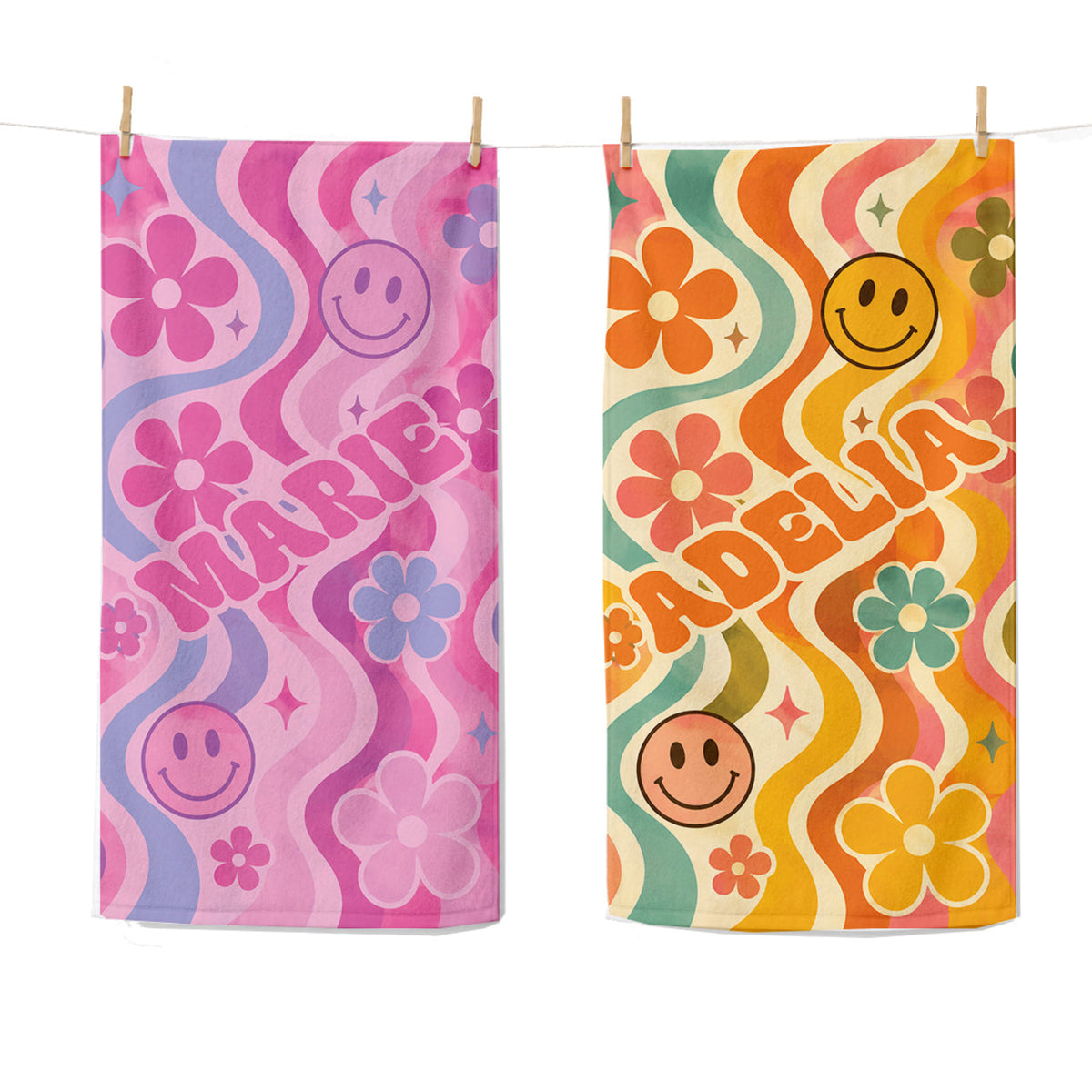Personalized Groovy Smiley Face Beach Towel | Custom Name Retro Design