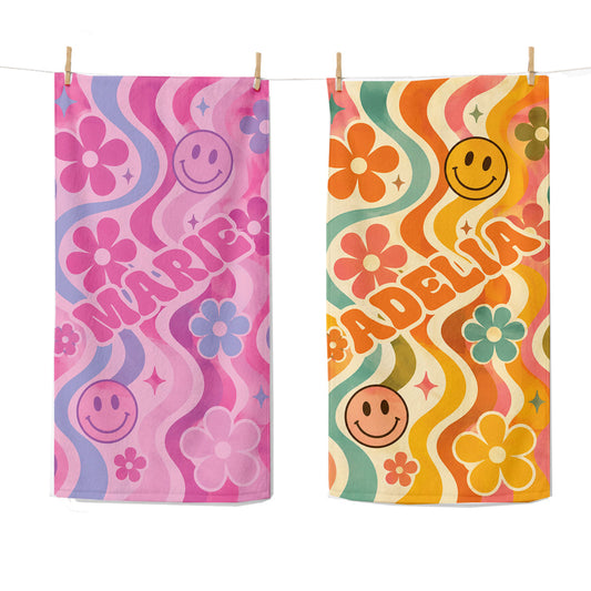 Personalized Groovy Smiley Face Beach Towel | Custom Name Retro Design