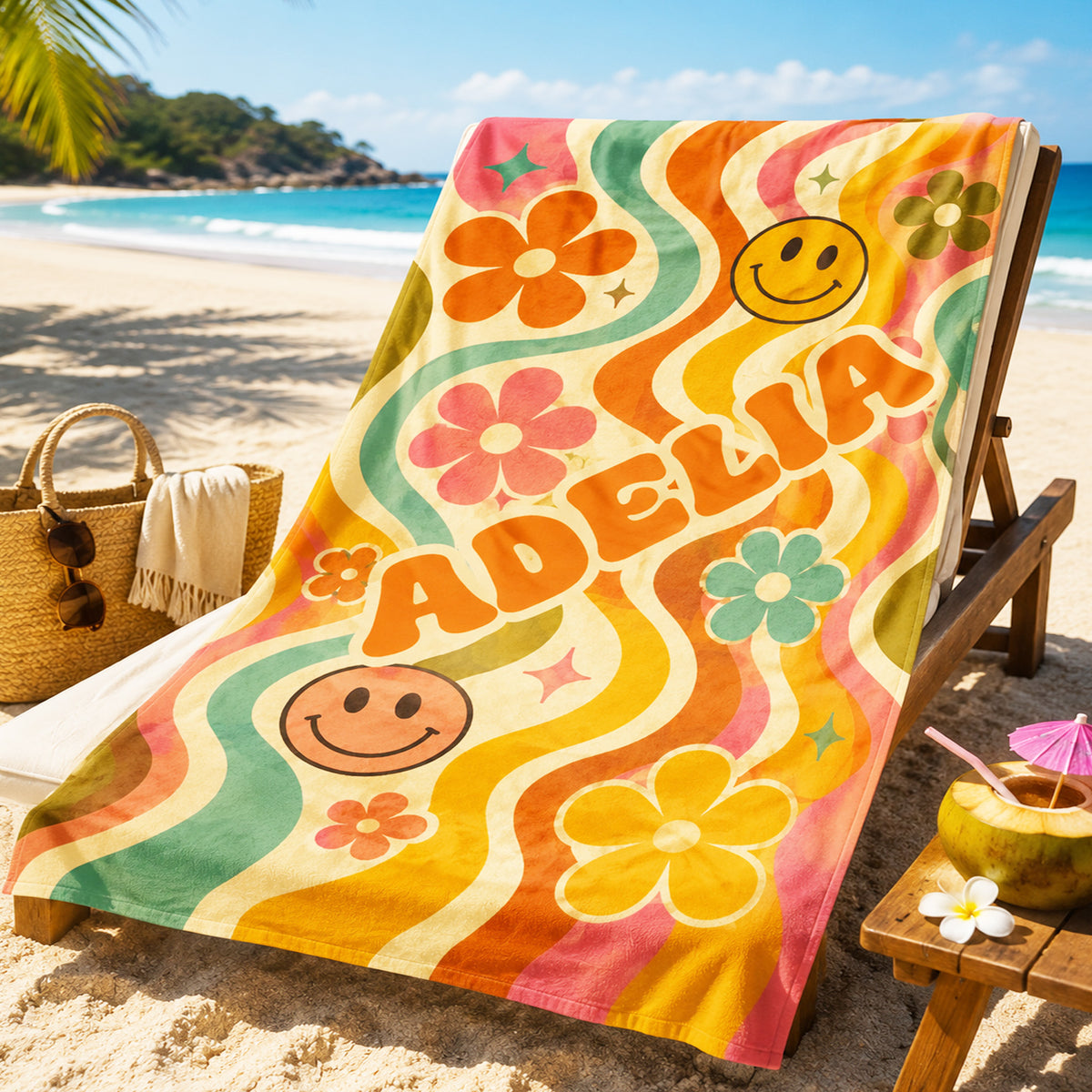 Colorful PInk beach towel with pink smily faces, pink and blue flowers on light pink background