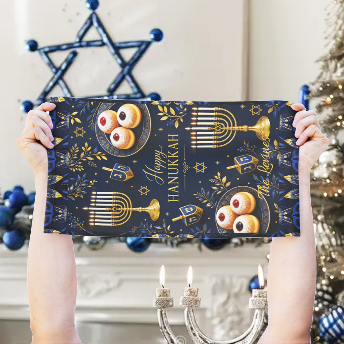 Personalized Hanukkah Towel 11x18, Custom Family Name Menorah Dreidel Kitchen Hand Towel, Chanukah Hostess Gift, Jewish Holiday Decor
