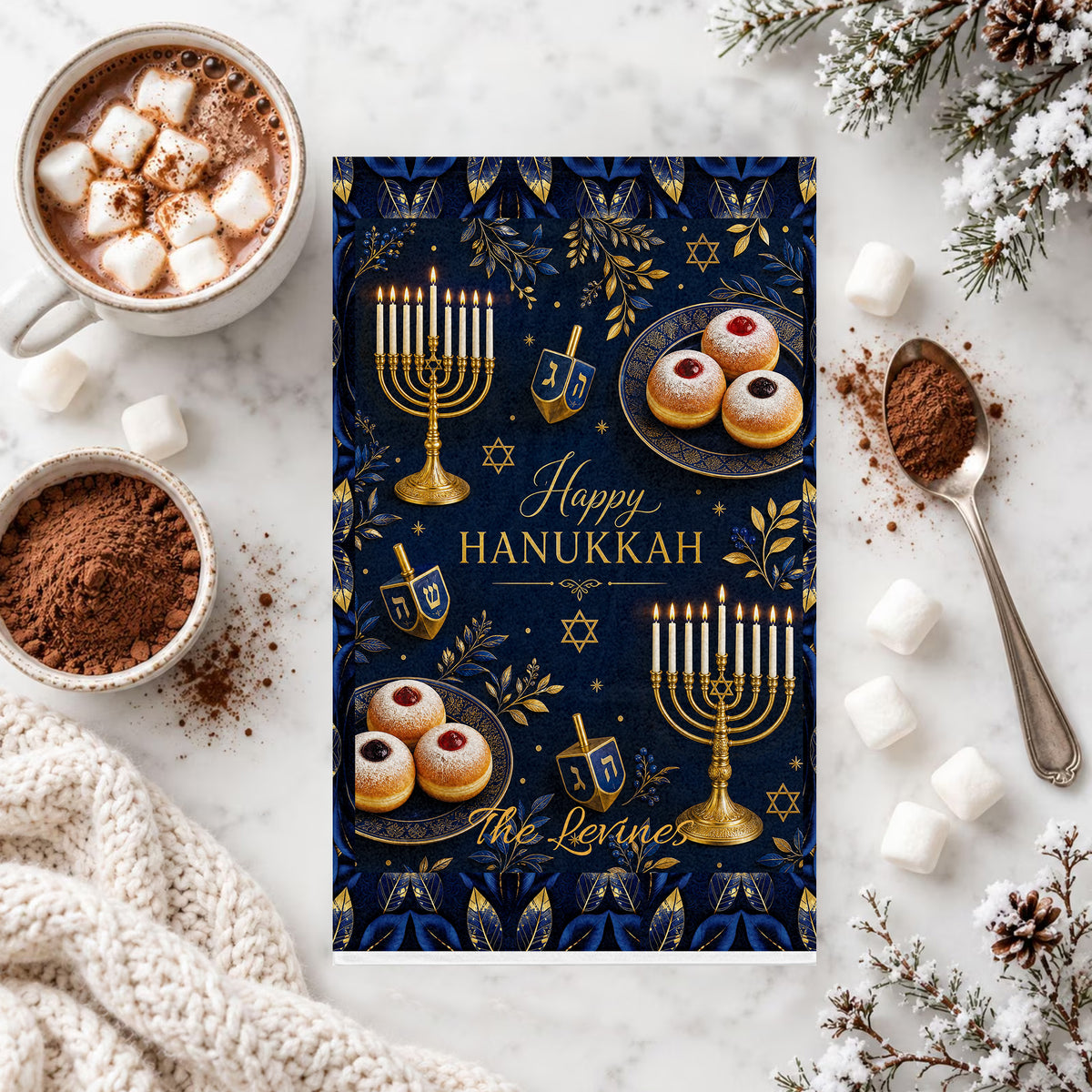 Personalized Hanukkah Towel 11x18, Custom Family Name Menorah Dreidel Kitchen Hand Towel, Chanukah Hostess Gift, Jewish Holiday Decor