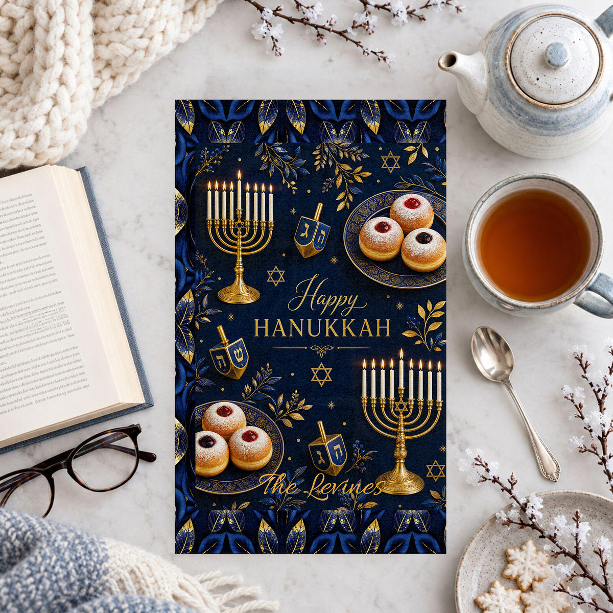 Personalized Hanukkah Towel 11x18, Custom Family Name Menorah Dreidel Kitchen Hand Towel, Chanukah Hostess Gift, Jewish Holiday Decor