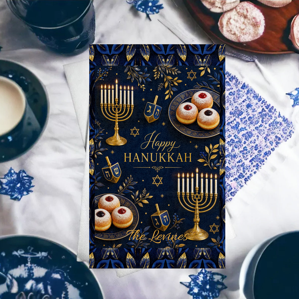 Personalized Hanukkah Towel 11x18, Custom Family Name Menorah Dreidel Kitchen Hand Towel, Chanukah Hostess Gift, Jewish Holiday Decor