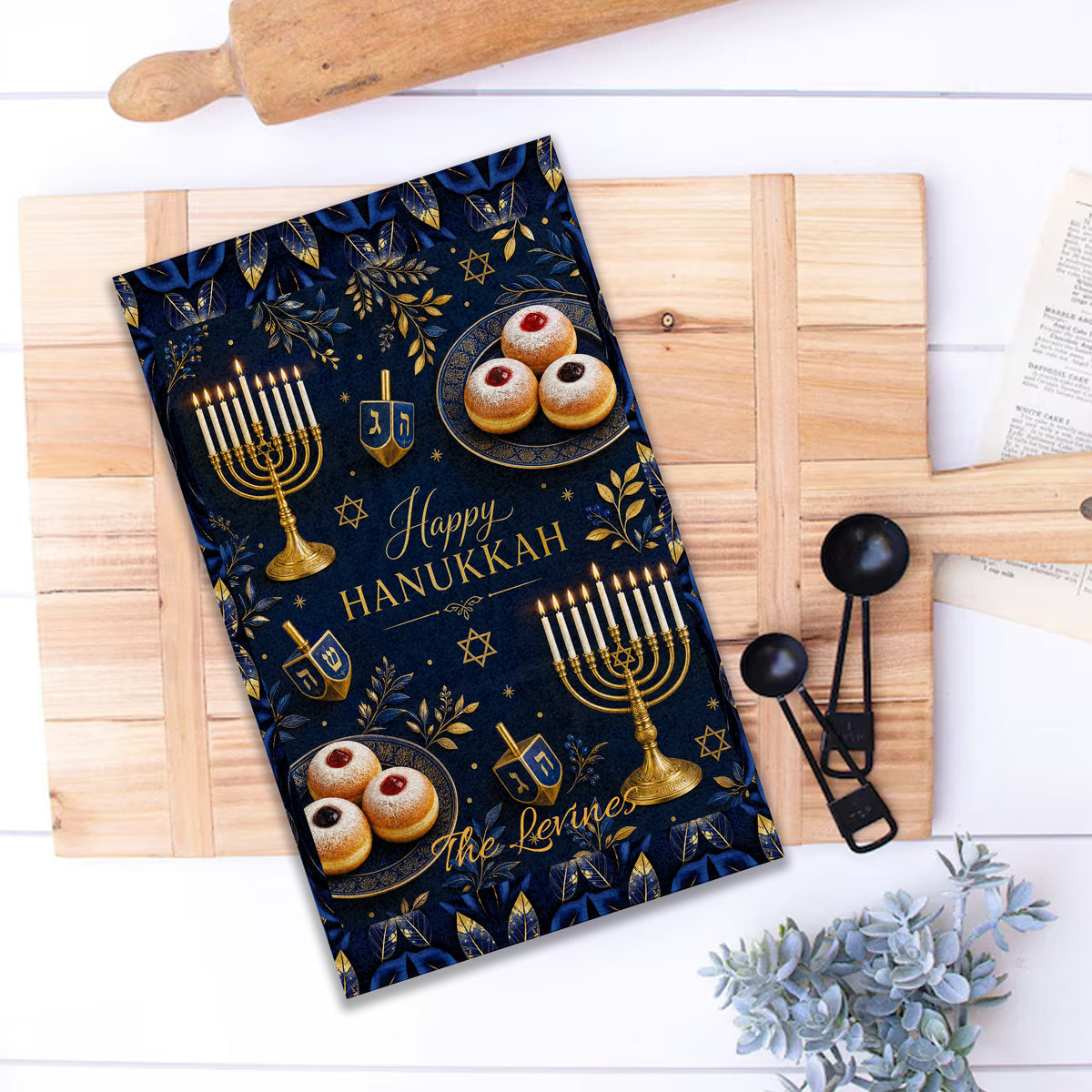 Personalized Hanukkah Towel 11x18, Custom Family Name Menorah Dreidel Kitchen Hand Towel, Chanukah Hostess Gift, Jewish Holiday Decor