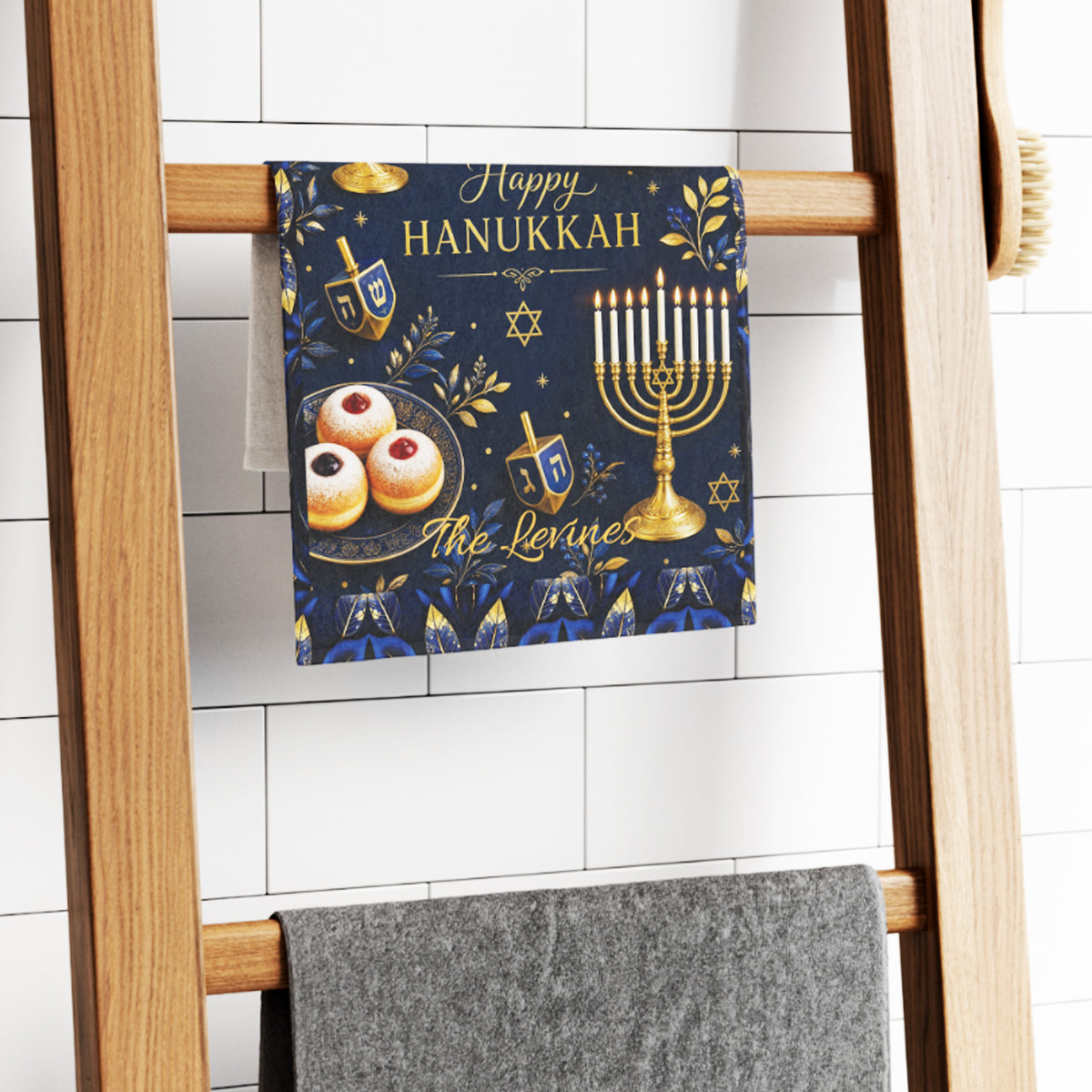 Personalized Hanukkah Towel 11x18, Custom Family Name Menorah Dreidel Kitchen Hand Towel, Chanukah Hostess Gift, Jewish Holiday Decor